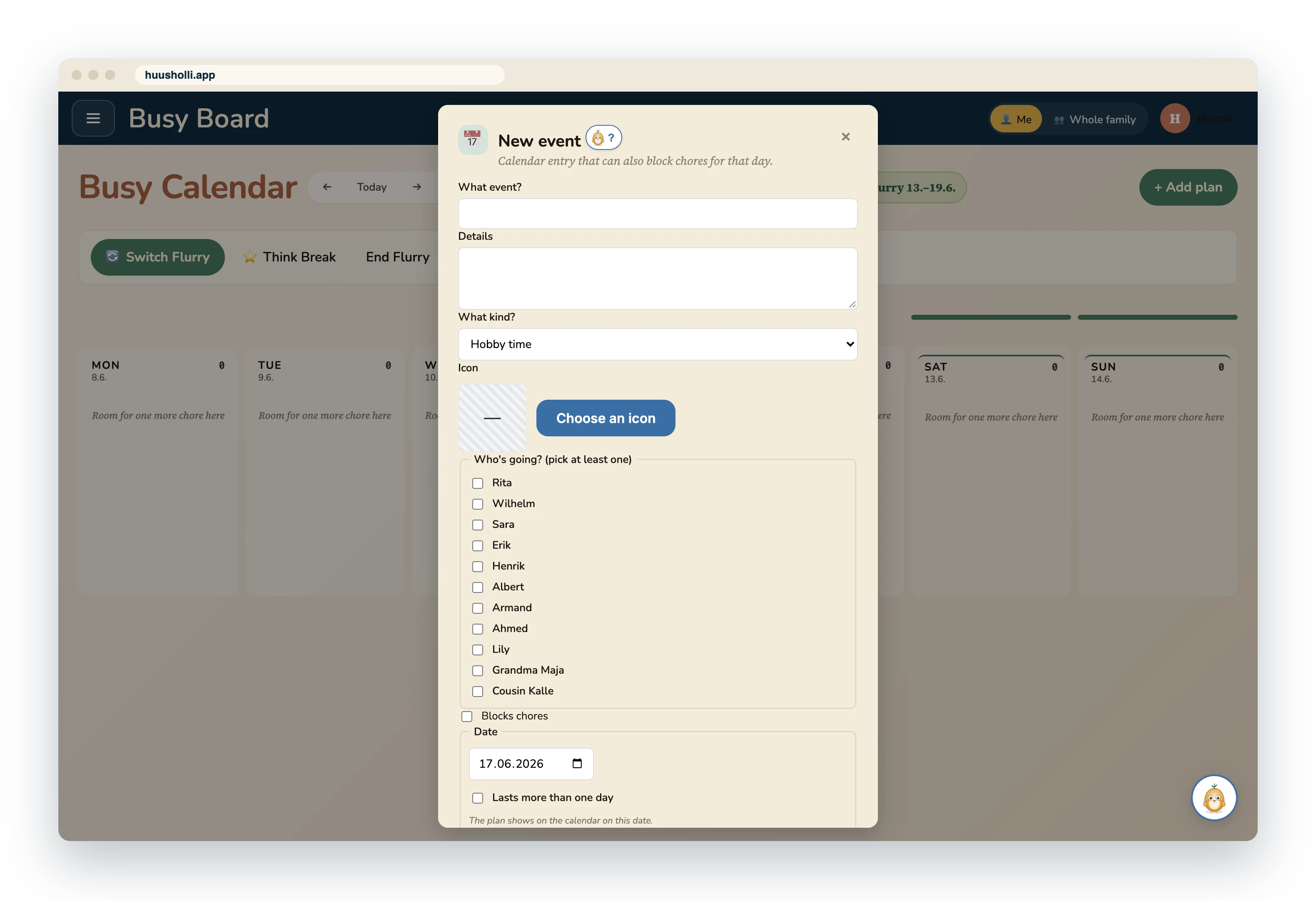Adding a new plan: plan type, picture, members and days