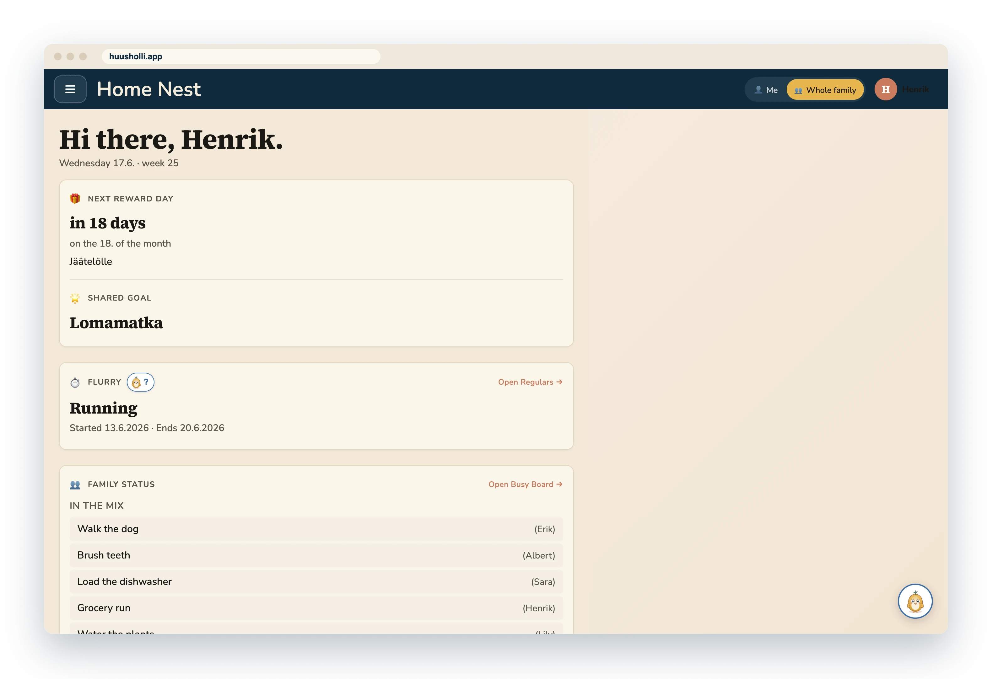 Huusholli's Home Nest in the browser: the family's status by member, the running Flurry and the menu Home Nest, Busy Board, Regulars, Messages and Family