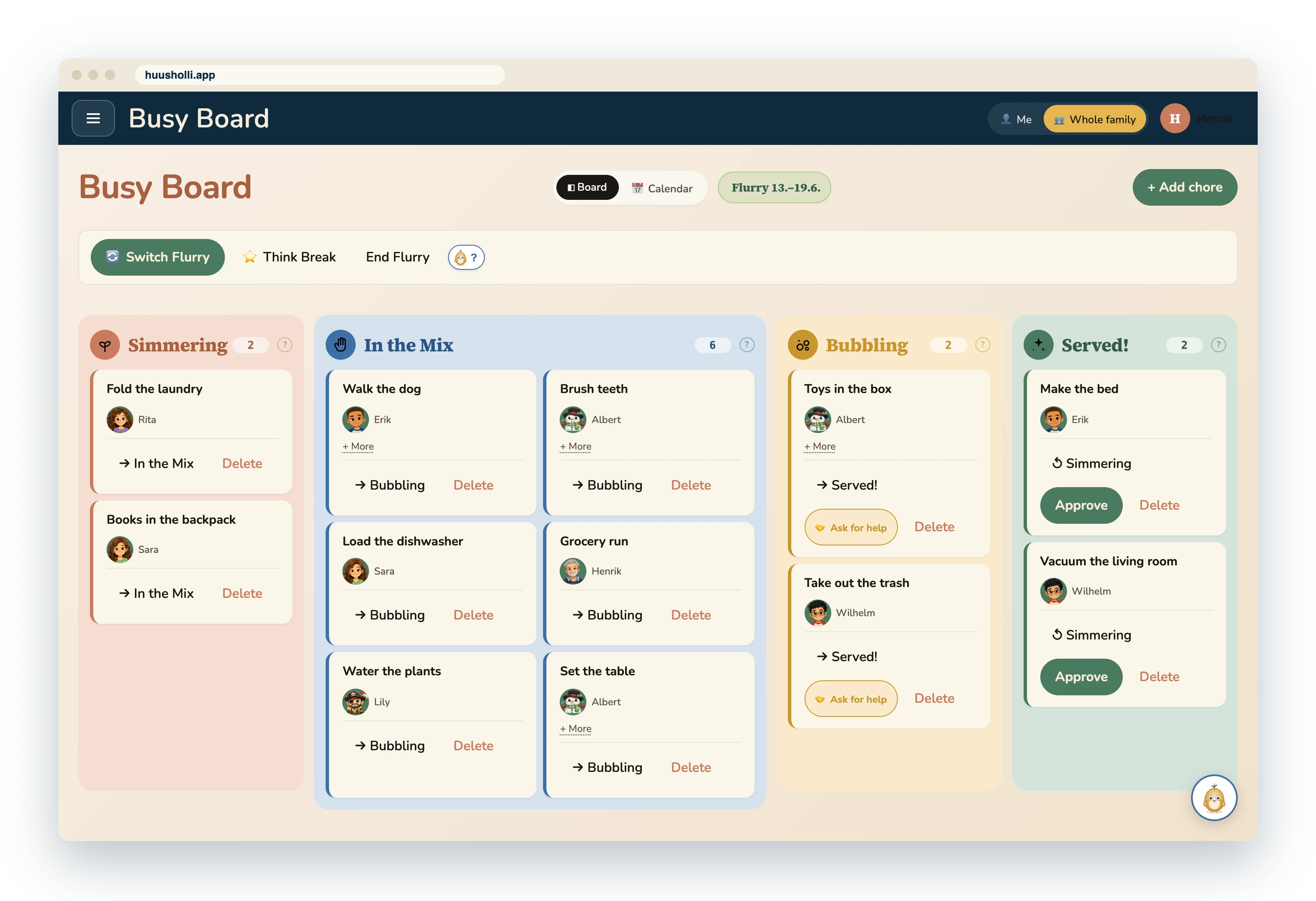 A running Flurry at the top of the Busy Board: the period's days, the reward and the Flurry's actions
