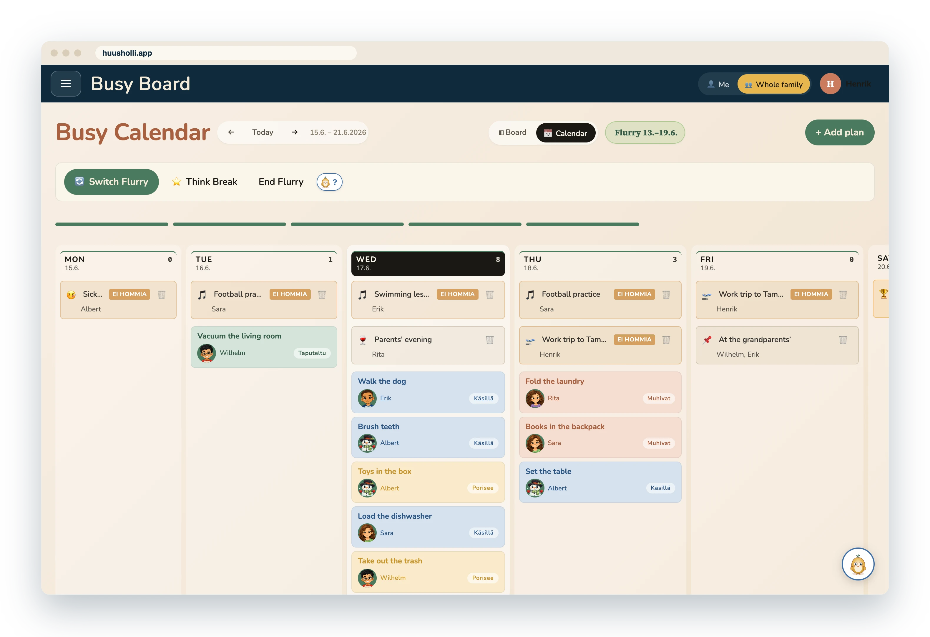The activity calendar's week view: days as columns, chores and plans as cards by member