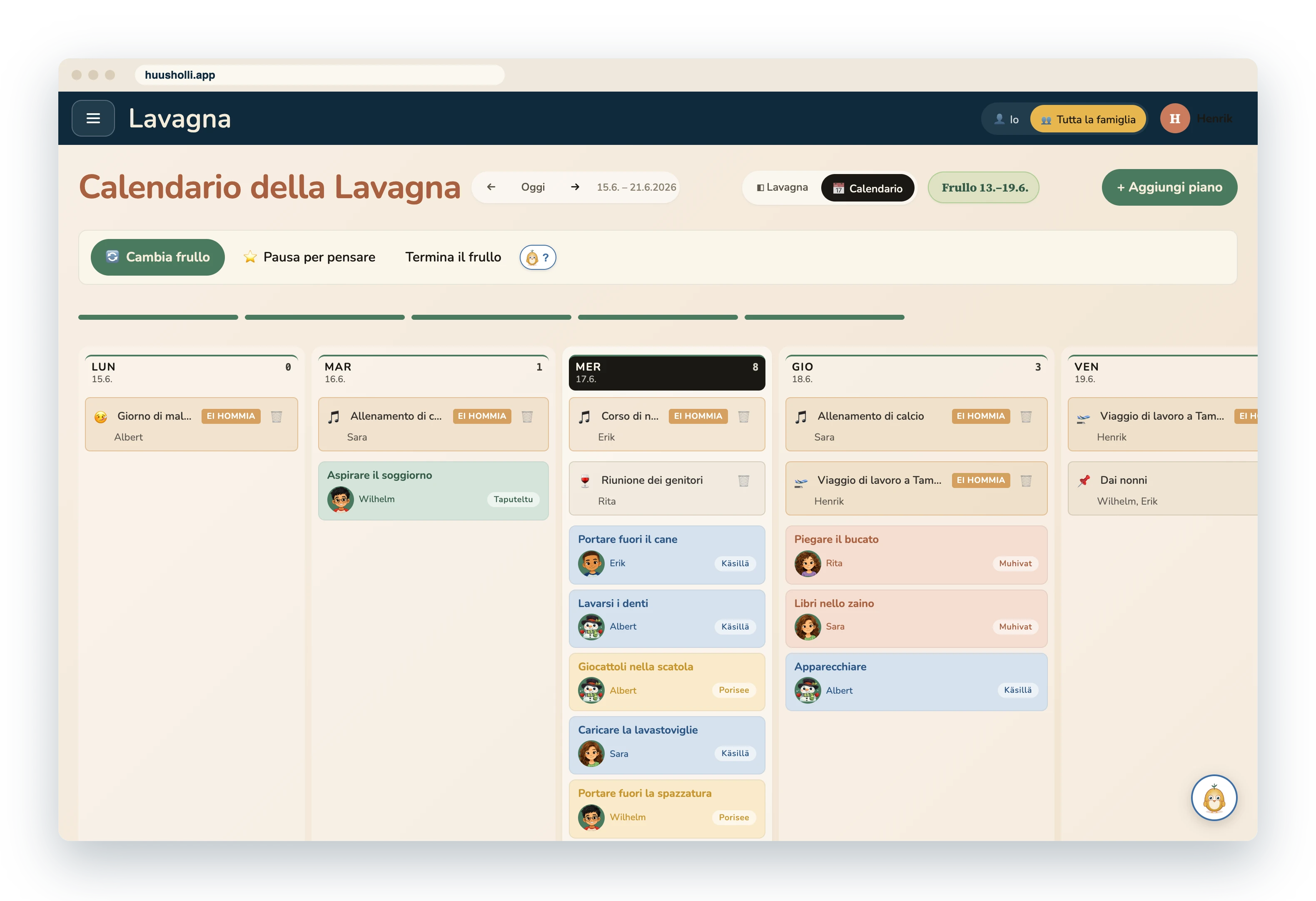 La vista settimanale del Calendario delle attività: i giorni in colonne, faccende e piani come carte per membro