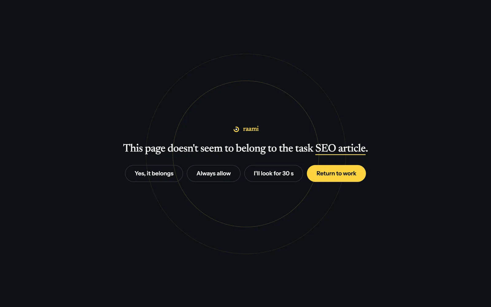 The Raami question covering the whole page on a dark background: This page doesn't seem to belong to the task SEO article, with the buttons Yes, it belongs, Always allow, I'll look for 30 s and Return to work
