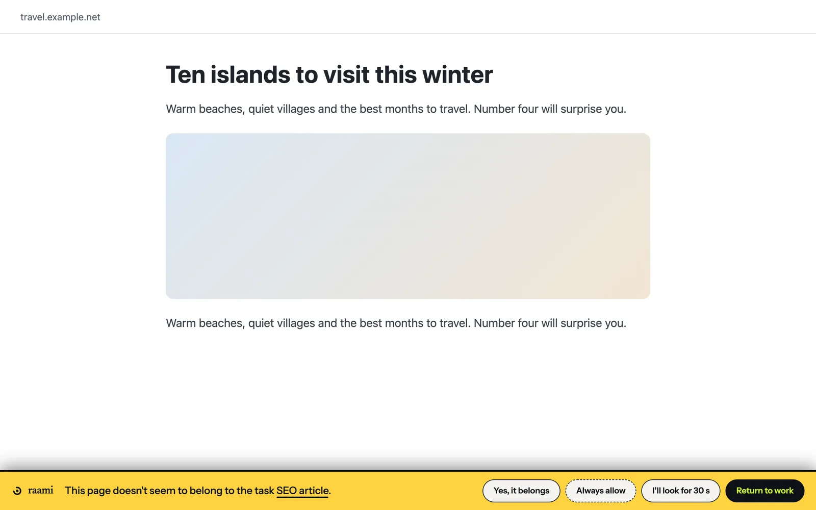 A travel article with the yellow Raami bar at the bottom: This page doesn't seem to belong to the task SEO article, with the buttons Yes, it belongs, Always allow, I'll look for 30 s and Return to work