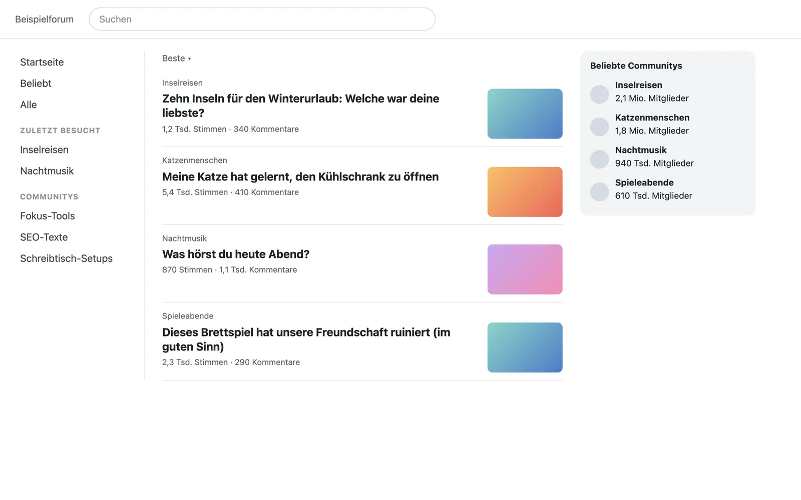 Die Startseite eines Forums ohne Sitzung: ein Feed mit Beiträgen über Inselreisen, eine Katze, Musik und Brettspiele sowie eine Seitenleiste mit beliebten Communitys