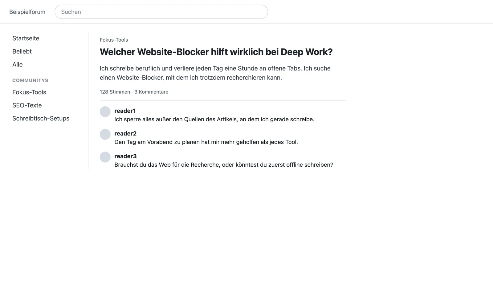 Eine Diskussion während einer Sitzung: Welcher Website-Blocker hilft wirklich bei Deep Work?, mit dem Beitrag und drei Kommentaren; die Seitenleiste ist ausgeblendet
