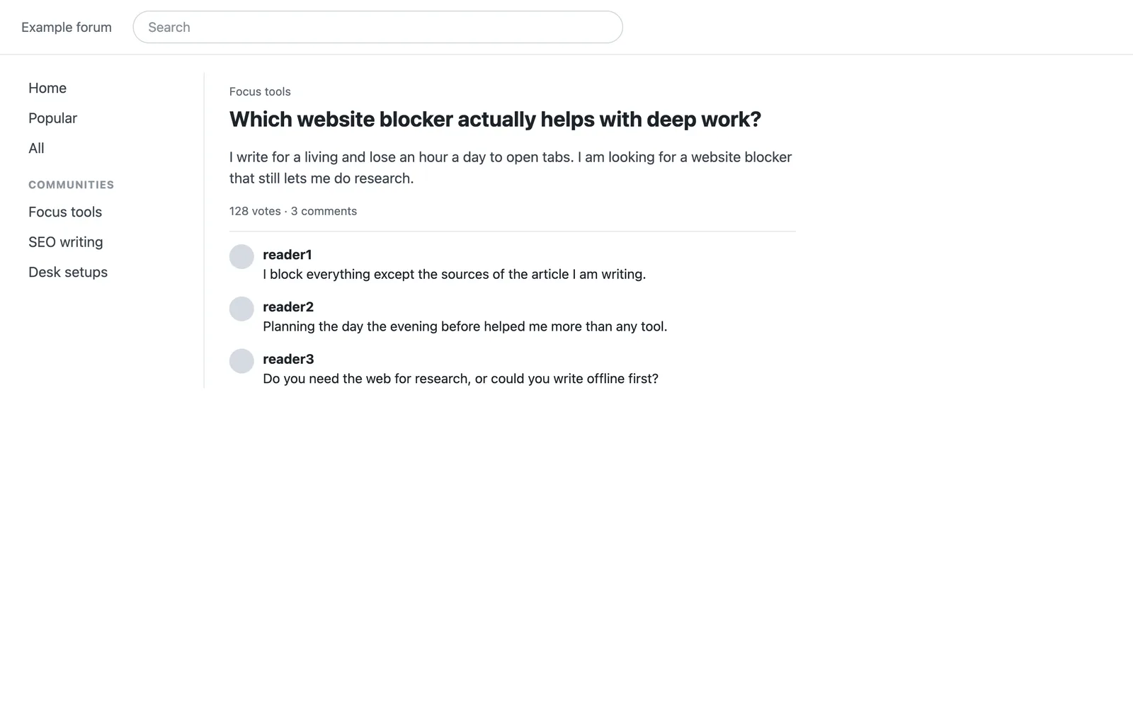 A discussion during a session: Which website blocker actually helps with deep work?, with the post and three comments; the sidebar is hidden