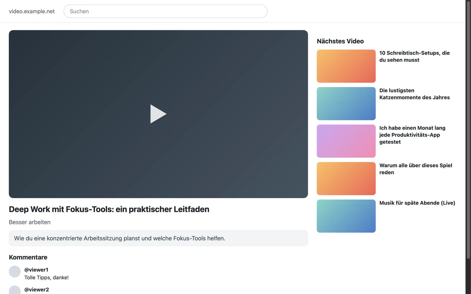 Eine Videoseite ohne Sitzung: das Video Deep Work mit Fokus-Tools, eine Spalte mit empfohlenen Videos unter Nächstes Video und Kommentare unter dem Video
