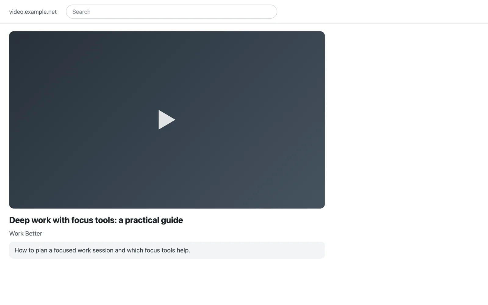 The same video page during a session: only the video, its title, the channel and the description remain; the recommendations and comments are gone