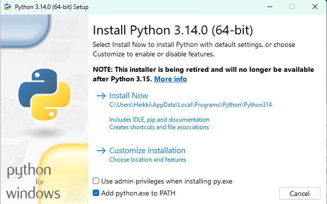add pytho to path then install